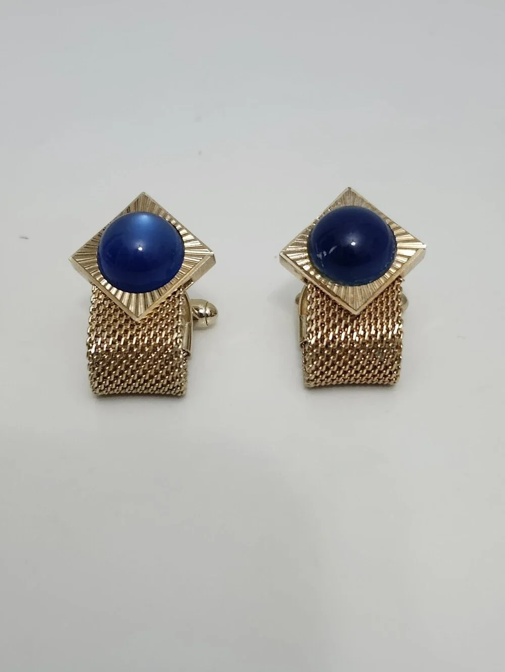 Vintage Gold Tone Mesh Wrap Cufflinks With Blue Stone MCM 1960s